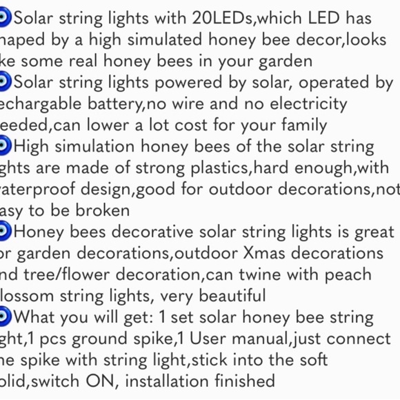 Solar String Lights 20LED Outdoor Waterproof Simulation Honey Bees Decor - Picture 5 of 7